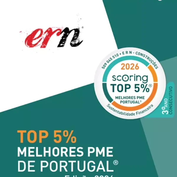 TOP 5% Melhores PME de Portugal 2026 atribuído à ERN Construções pelo terceiro ano consecutivo
